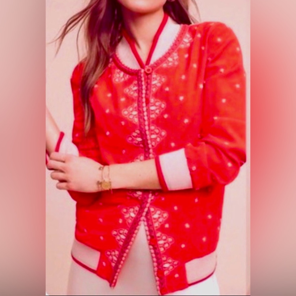 Anthropologie Conditions Apply Arabella Bomber Jacket Embroidered in Red  Size L
